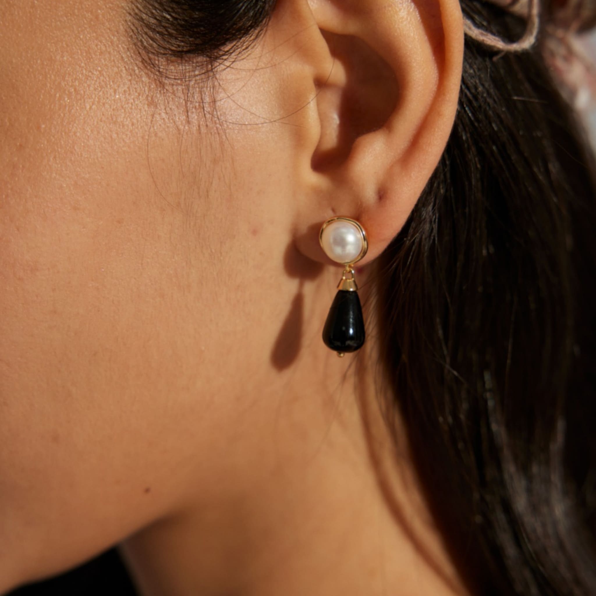 Natural Pearl & Black Onyx Earrings
