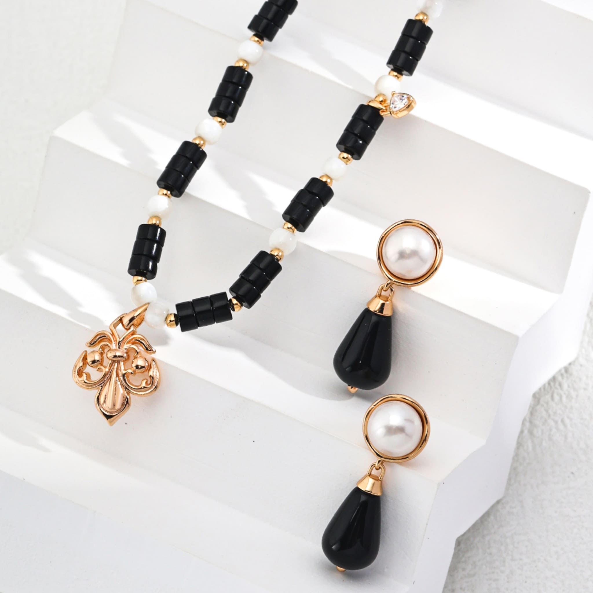 Natural Pearl & Black Onyx Earrings