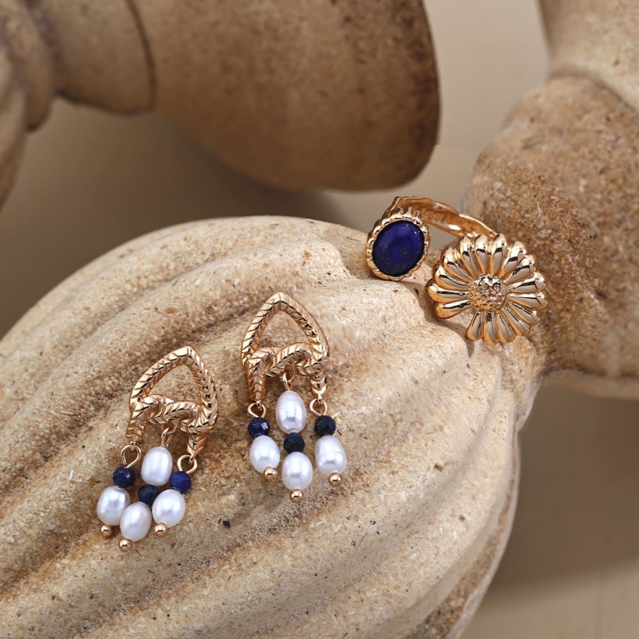 Lapis Lazuli Pearl Earrings Elegant Vintage Gold for Office Chic-5