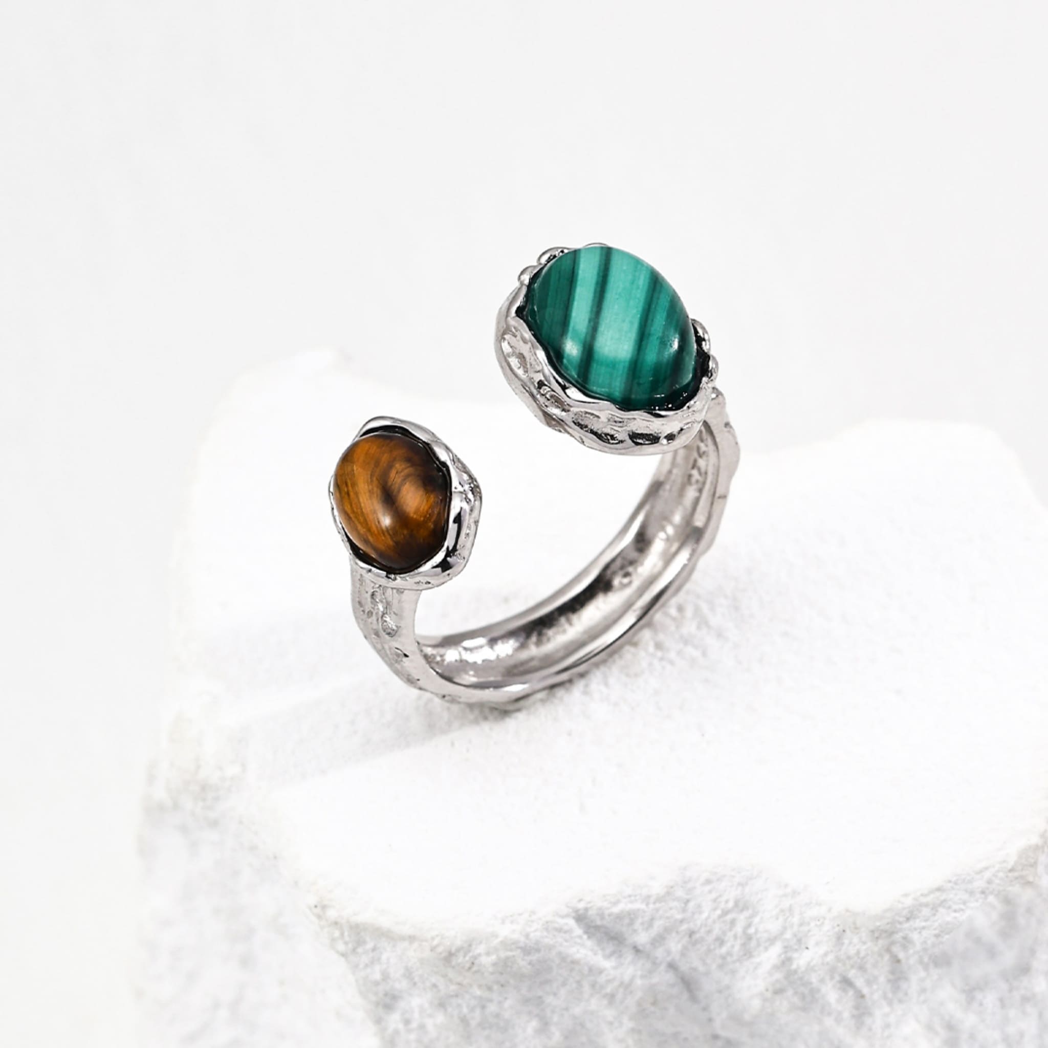 Modern Chic Malachite Tiger Eye Red Agate Silver Gold Plated Ring for Everyday Elegance and Empowerment-3