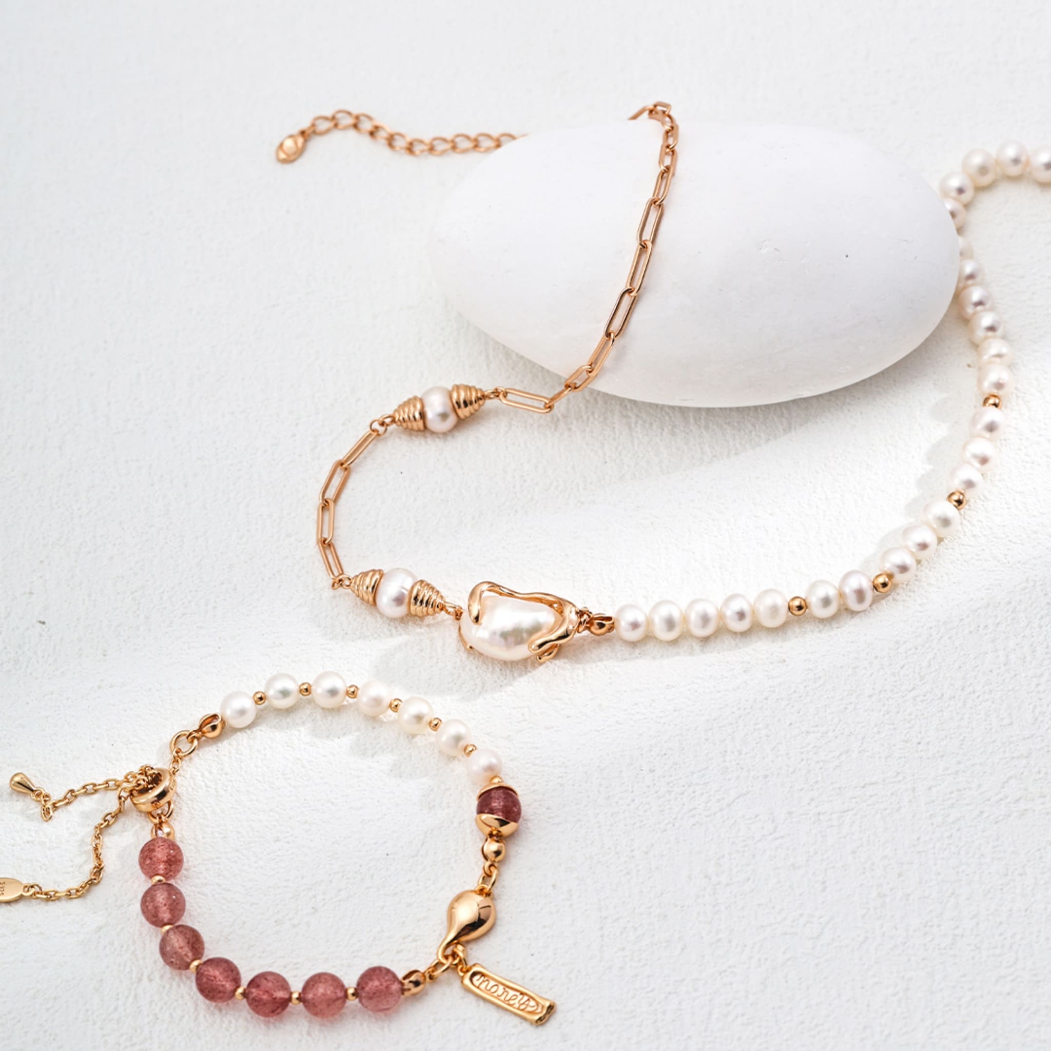 Strawberry Quartz Moss Agate Pearl Bracelet for Love Healing and Balance-3