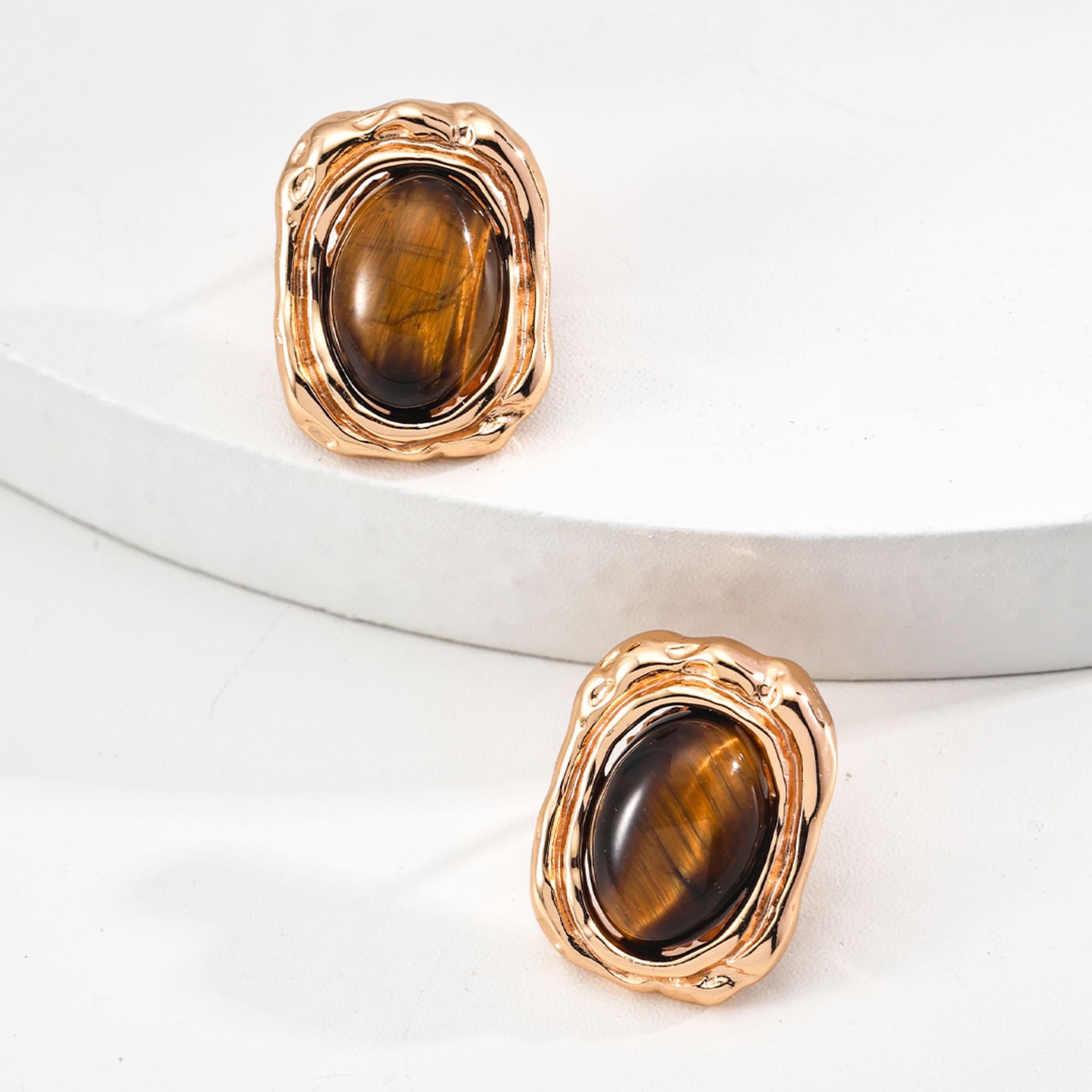 Tiger’s Eye Stud Earrings Vintage Gold Plated Sterling Silver Minimalist Jewelry-3
