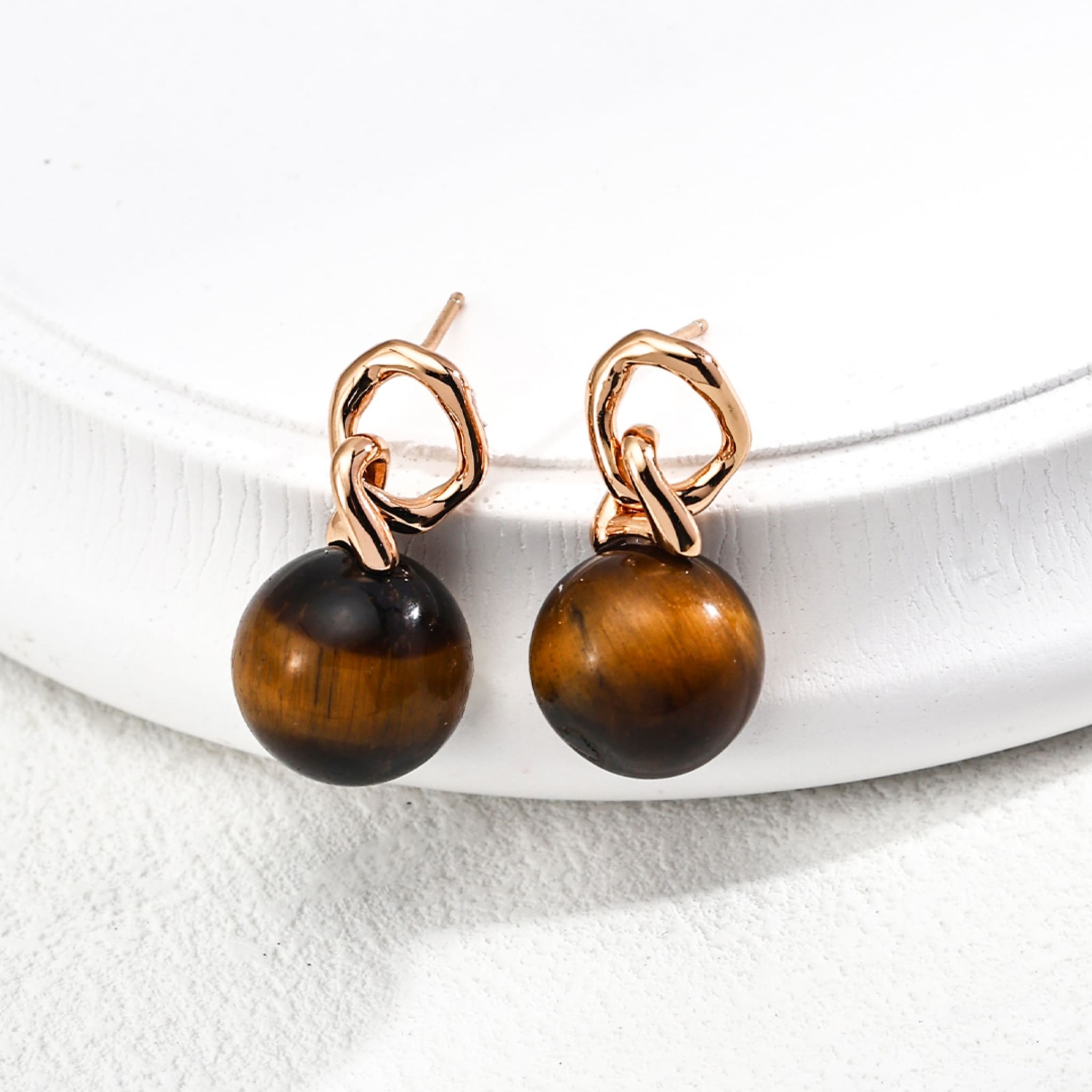 Trendy Women's Jewelry Golden Brown Tiger Eye Sterling Silver Earrings Everyday Office Style-2
