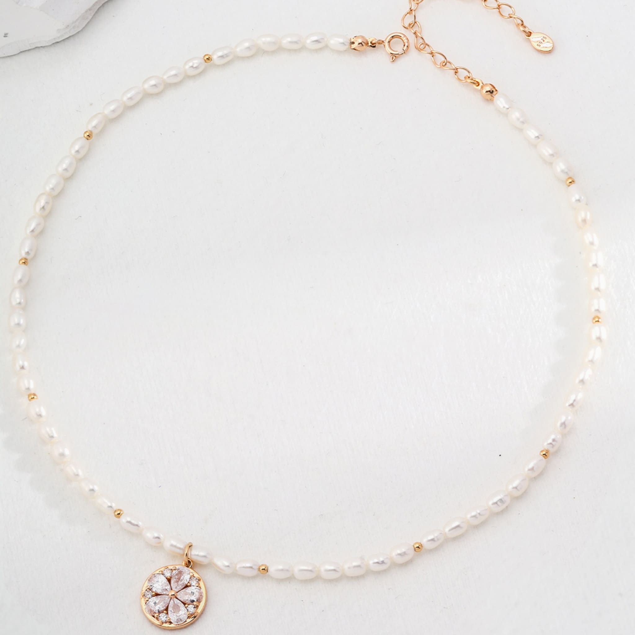 18K Gold Plated Pearl & Zircon Necklace 925 Silver Hypoallergenic Elegant-1