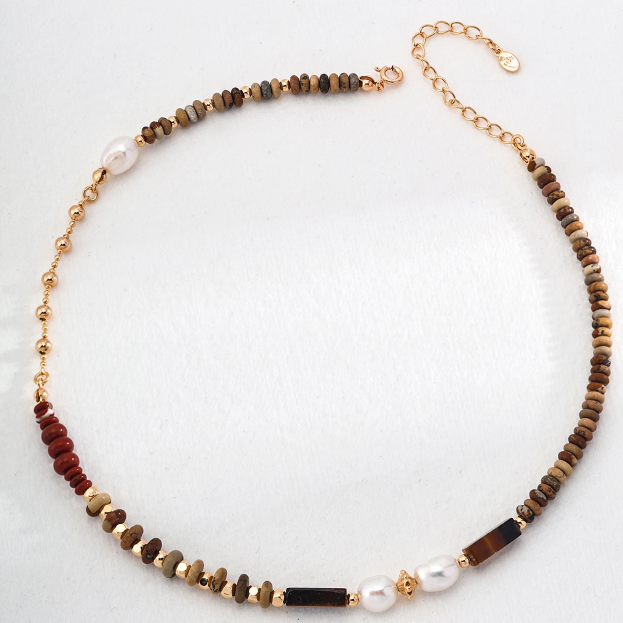 Boho Chic Natural Stone Necklace Sterling Silver Gold Pearls Tiger Eye-1