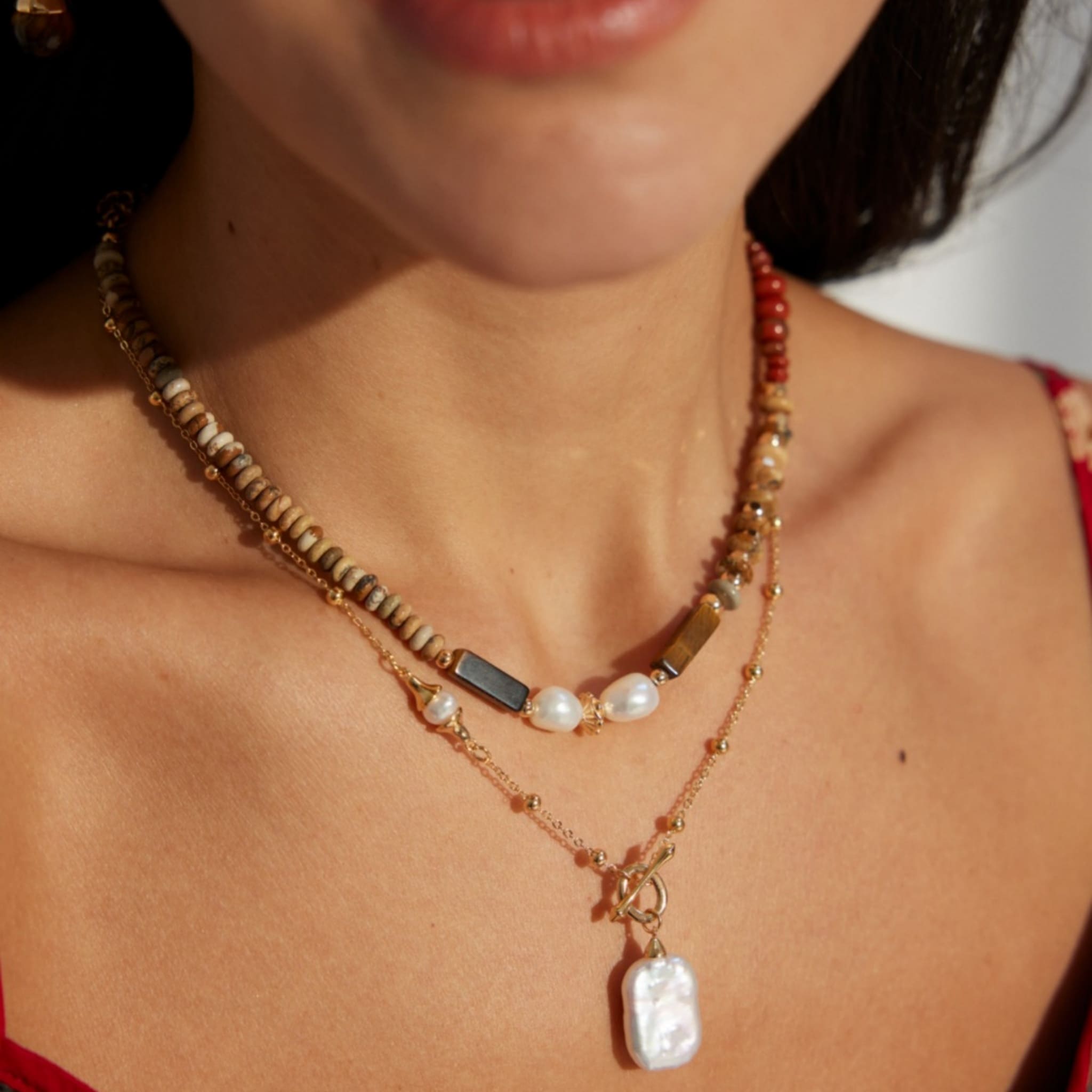 Boho Chic Natural Stone Necklace Sterling Silver Gold Pearls Tiger Eye-2