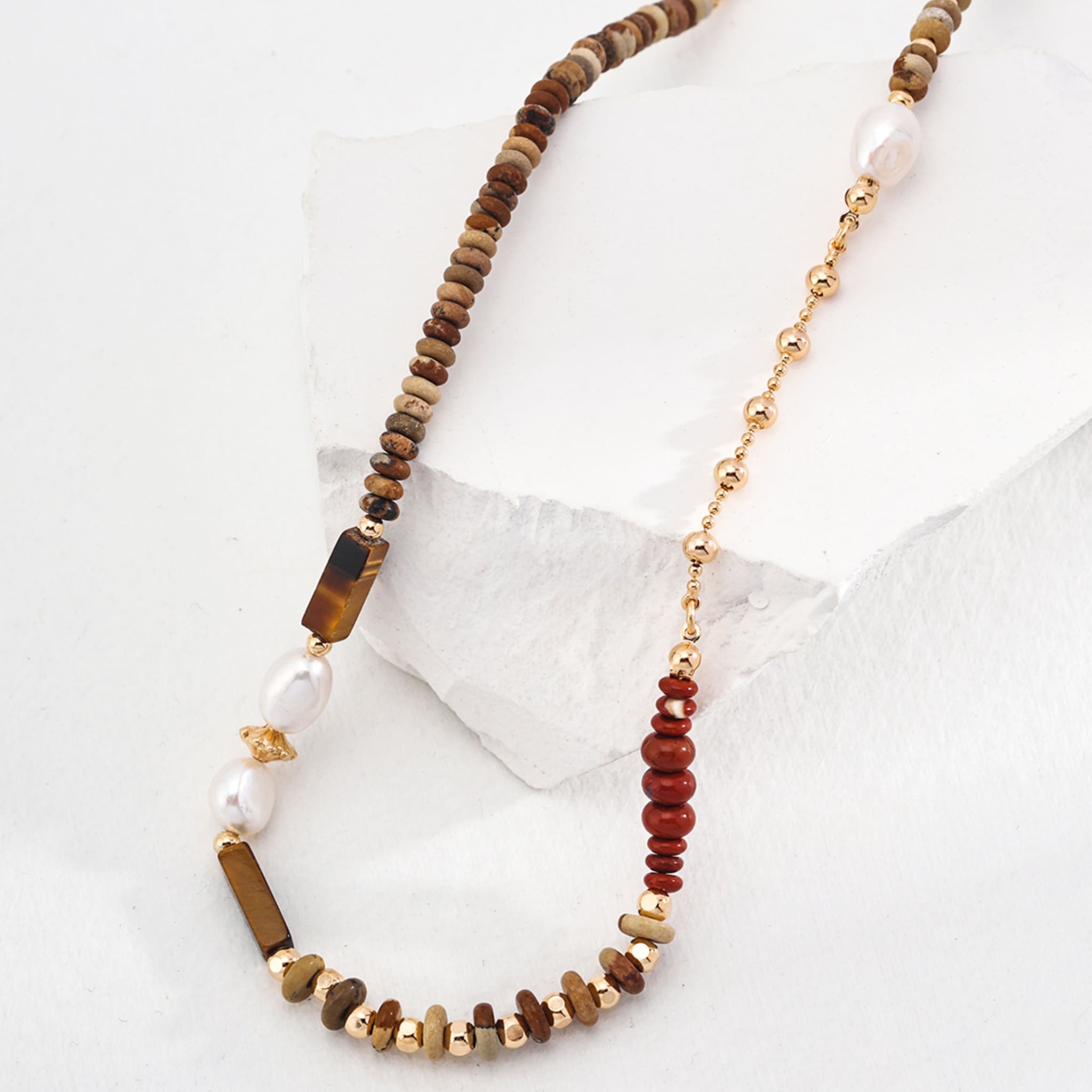 Boho Chic Natural Stone Necklace Sterling Silver Gold Pearls Tiger Eye-3