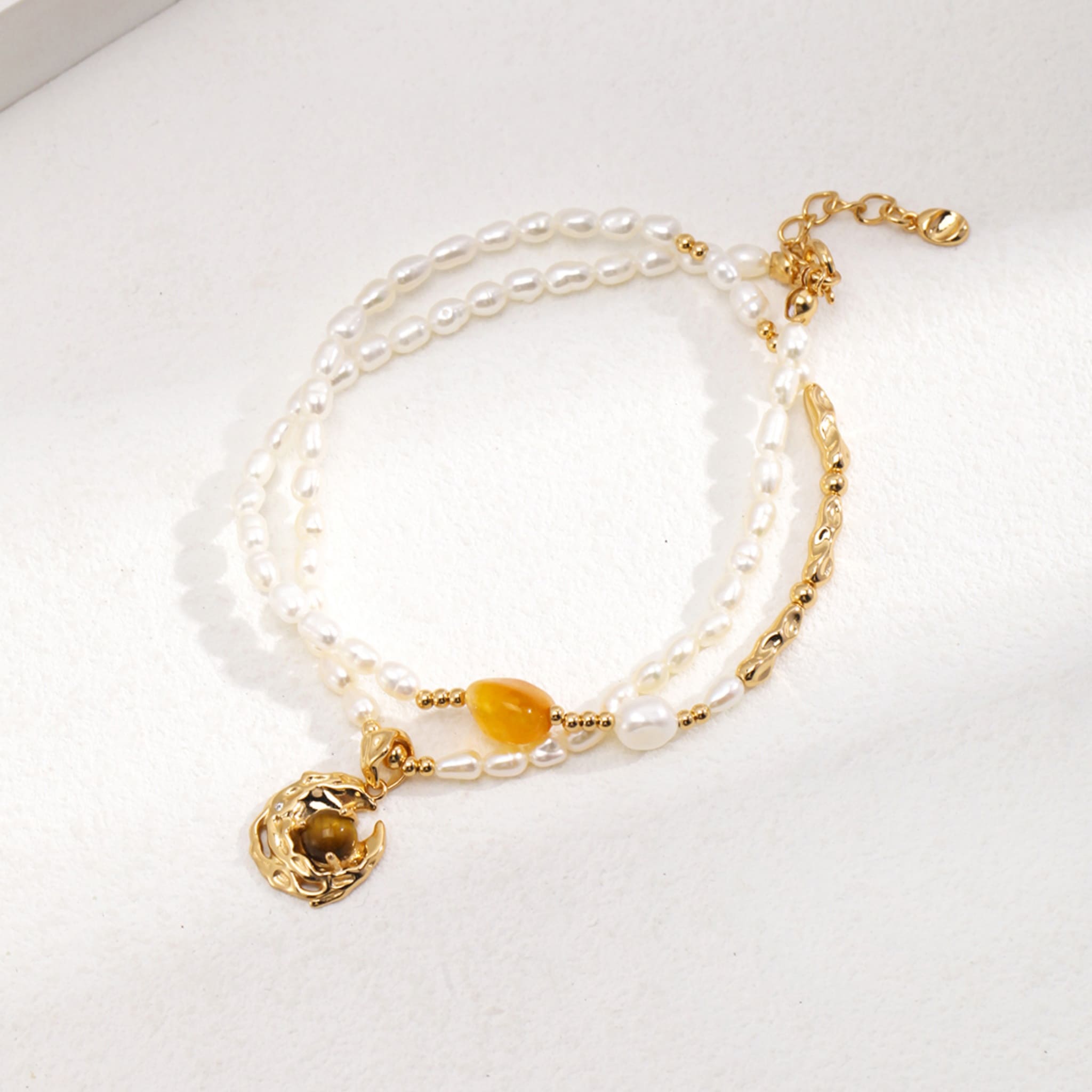 Chic Autumn Necklace Pearl Tiger Eye Gold for Layering-1