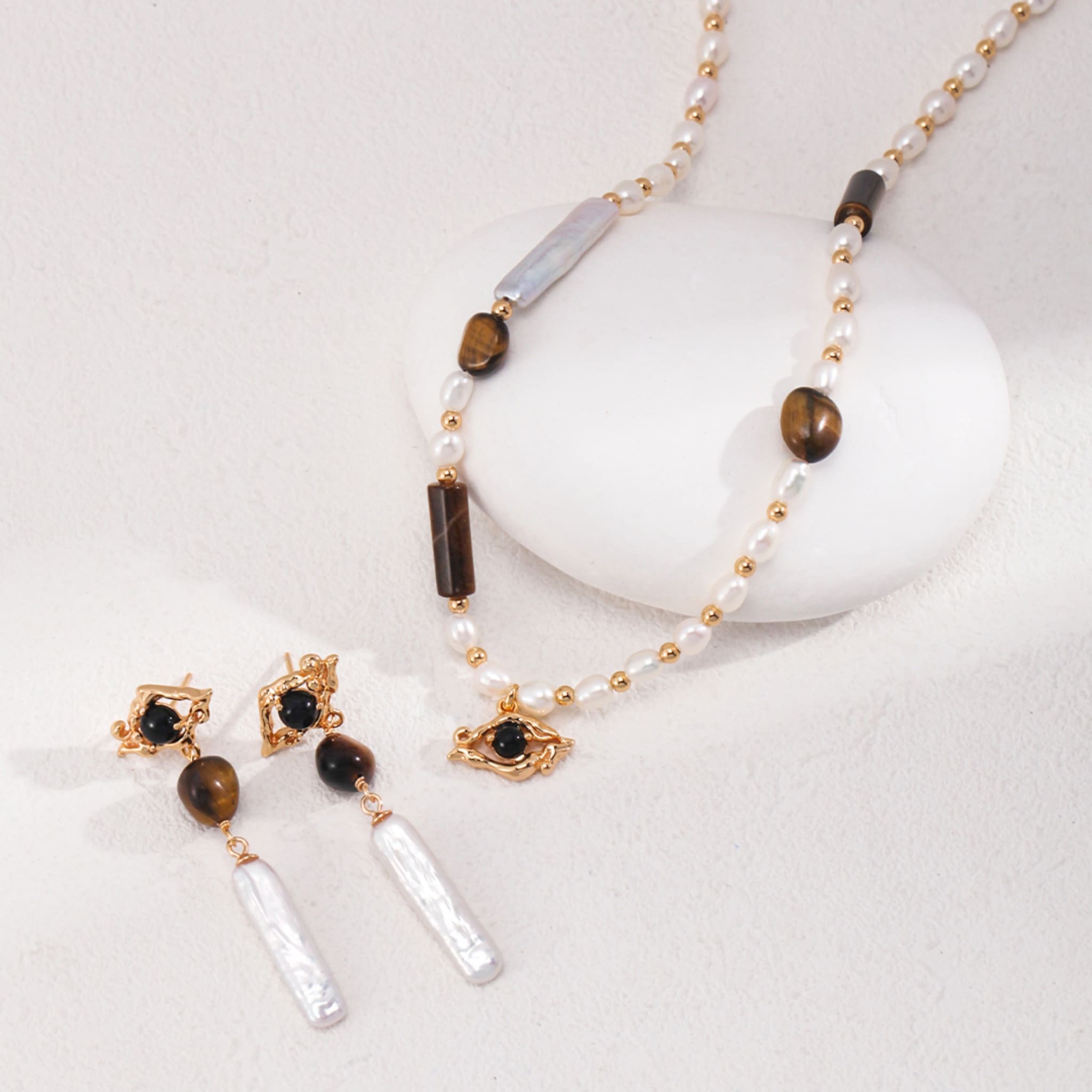 Tiger's Eye Pearl Earrings/Necklace Set