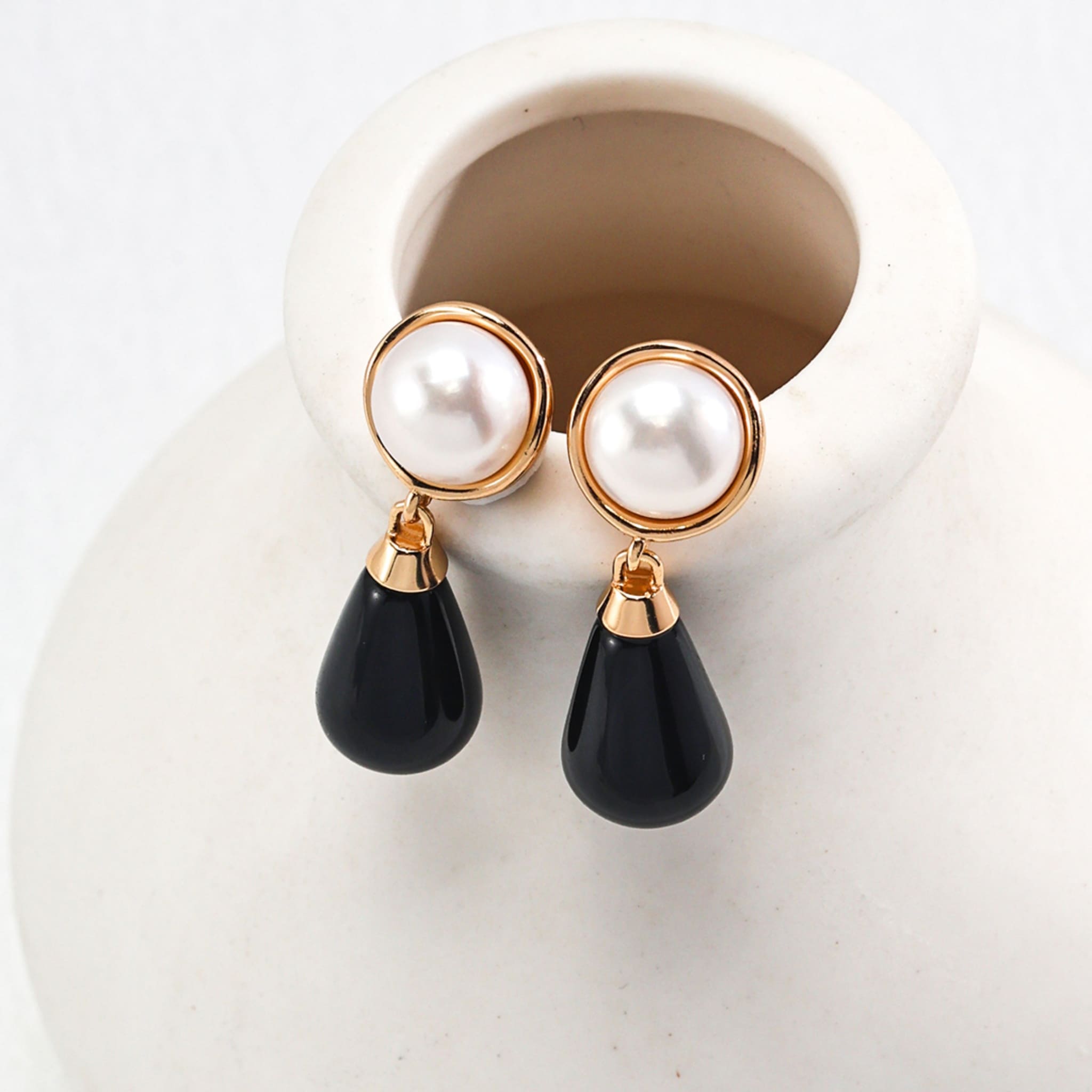 Natural Pearl &amp; Black Onyx Earrings