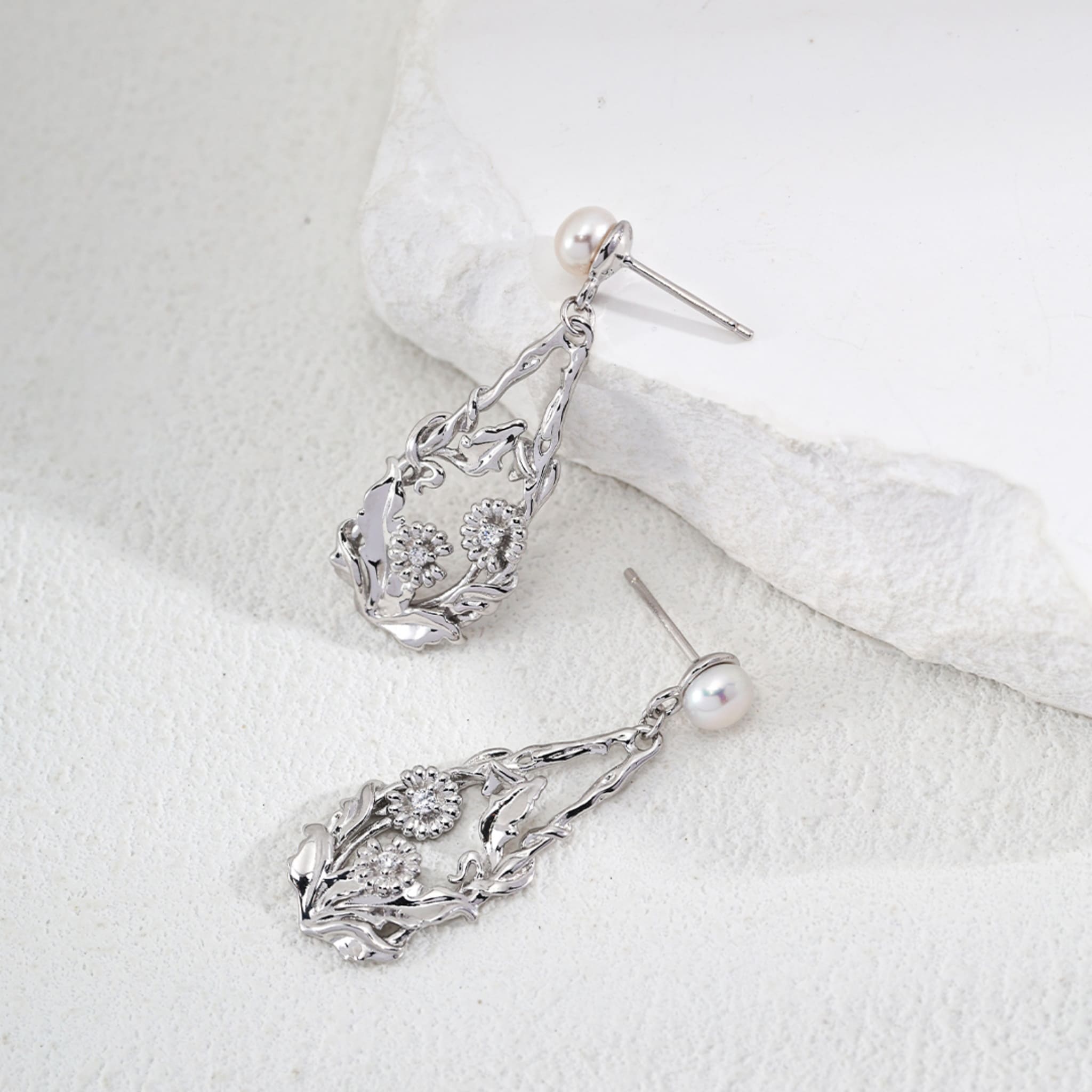 Sterling Silver Pearl & Zircon Earrings