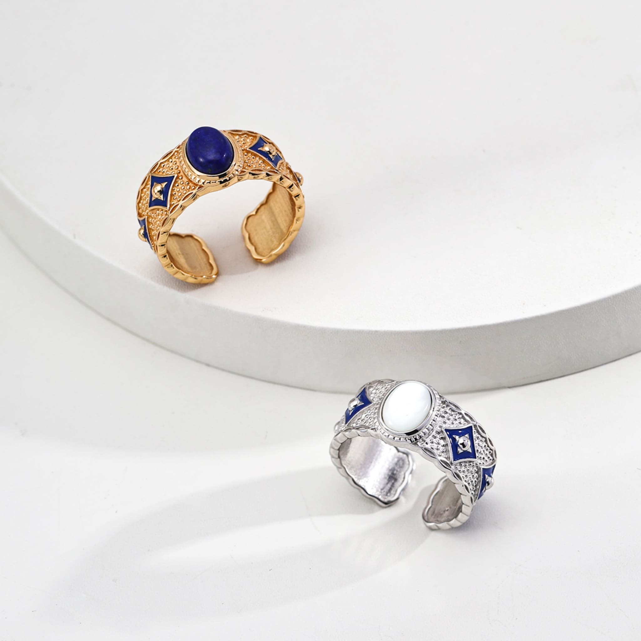 Elegant Adjustable Blue Lapis Lazuli Enamel and Mother-of-Pearl Sterling Silver Ring for Women-1