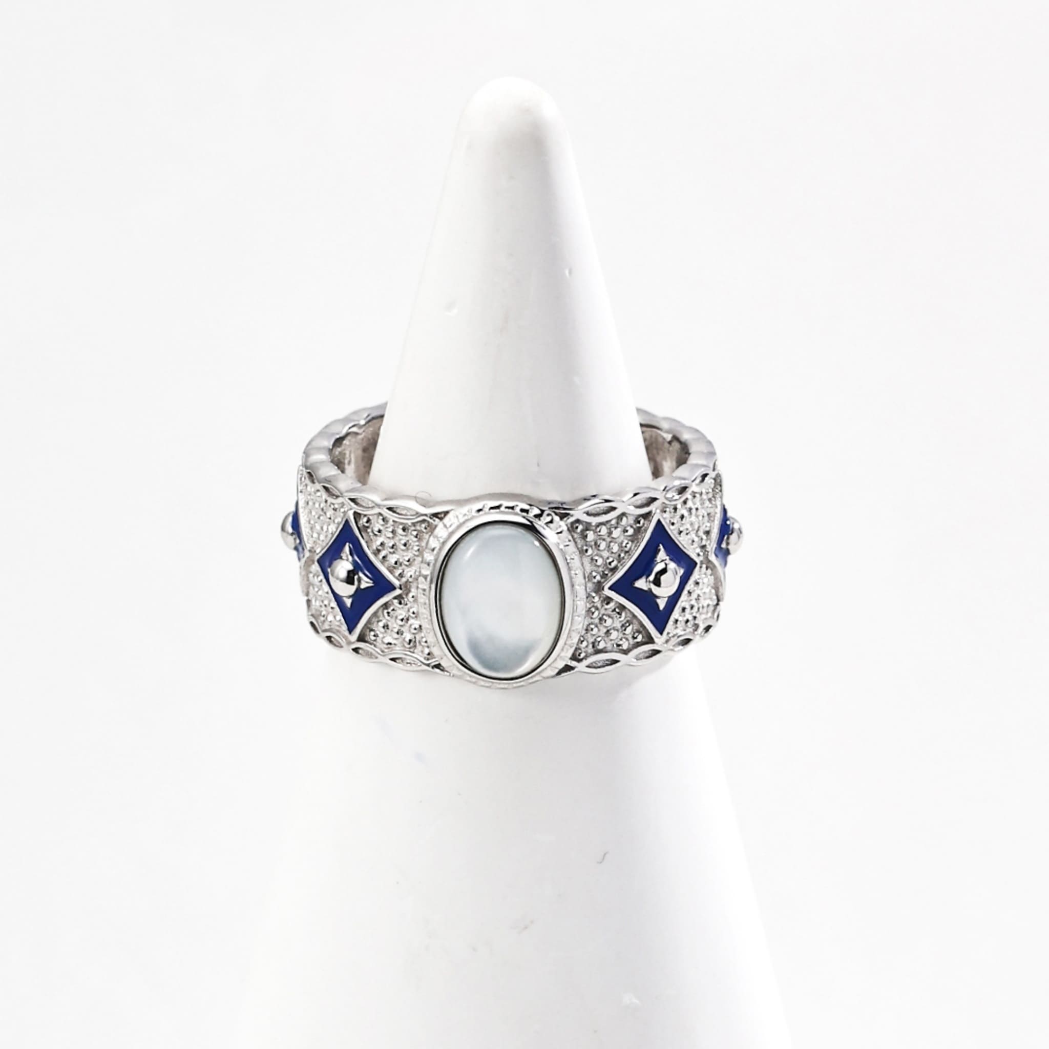 Elegant Adjustable Blue Lapis Lazuli Enamel and Mother-of-Pearl Sterling Silver Ring for Women-3