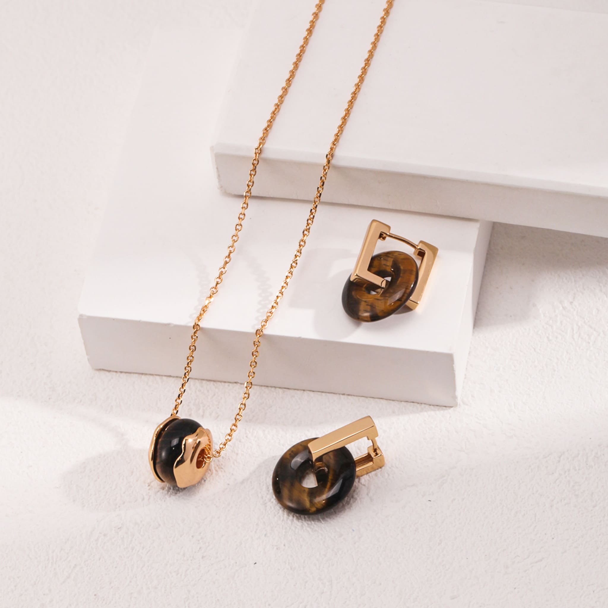 Elegant Tigers Eye Necklace and Earring Set Sterling Silver 18K Gold Plated Timeless Gift for Women-1