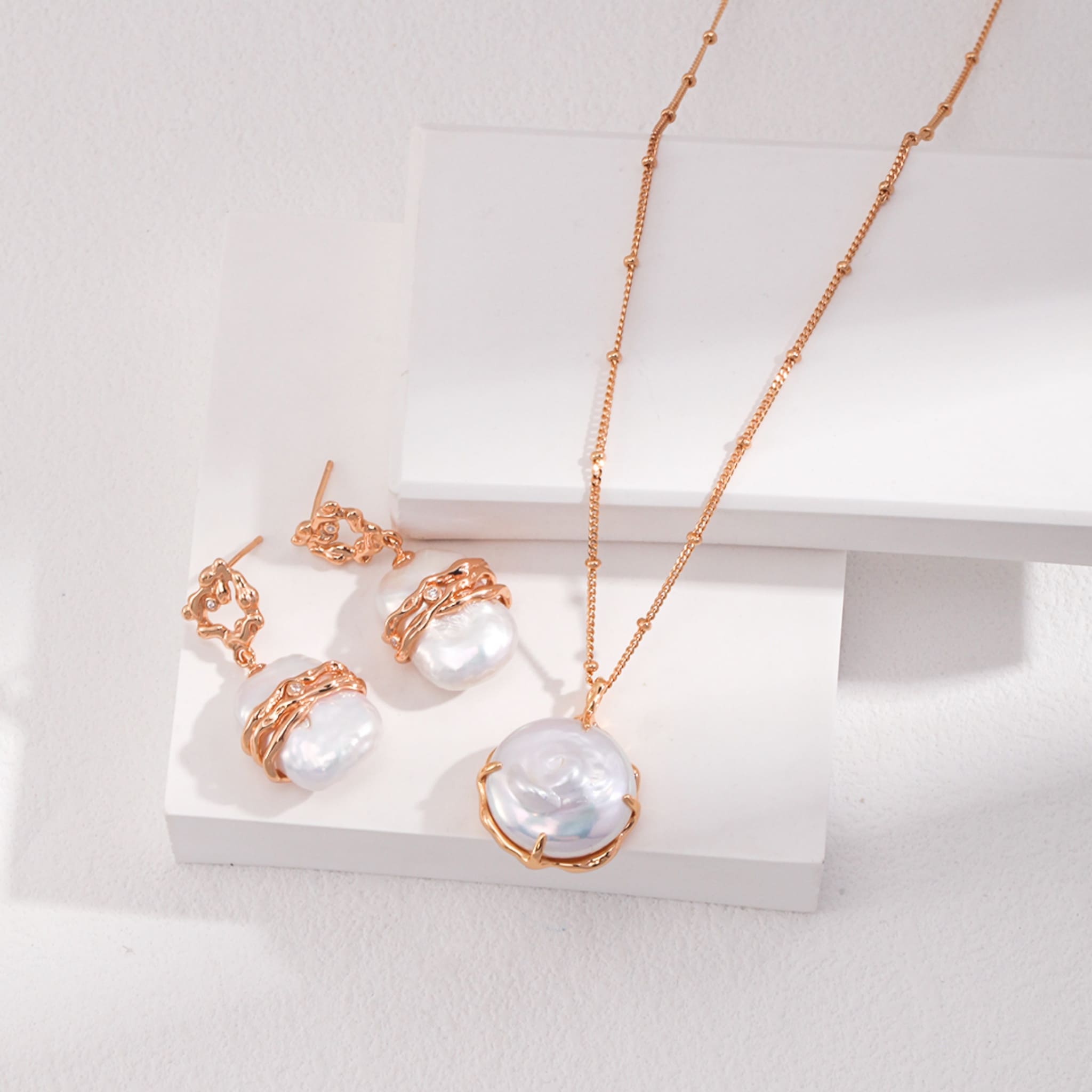 Elegant Vintage Gold Natural Pearl Necklace and Earrings Set for Women Timeless Gift-1