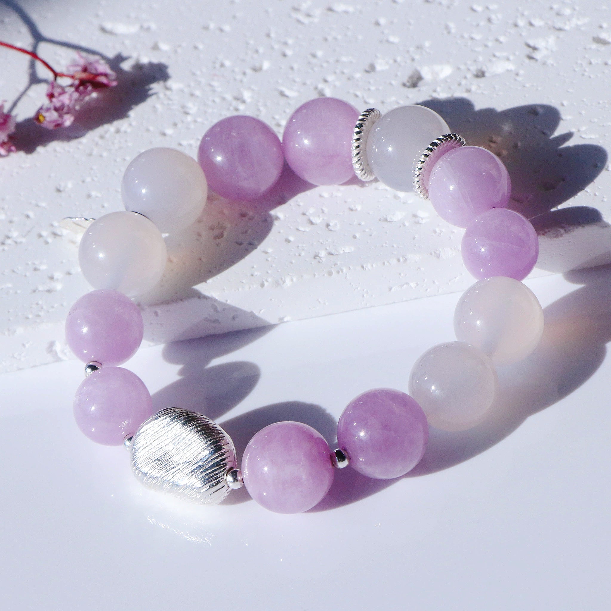 Kunzite and White Agate Bracelet for Calm and Balance-1
