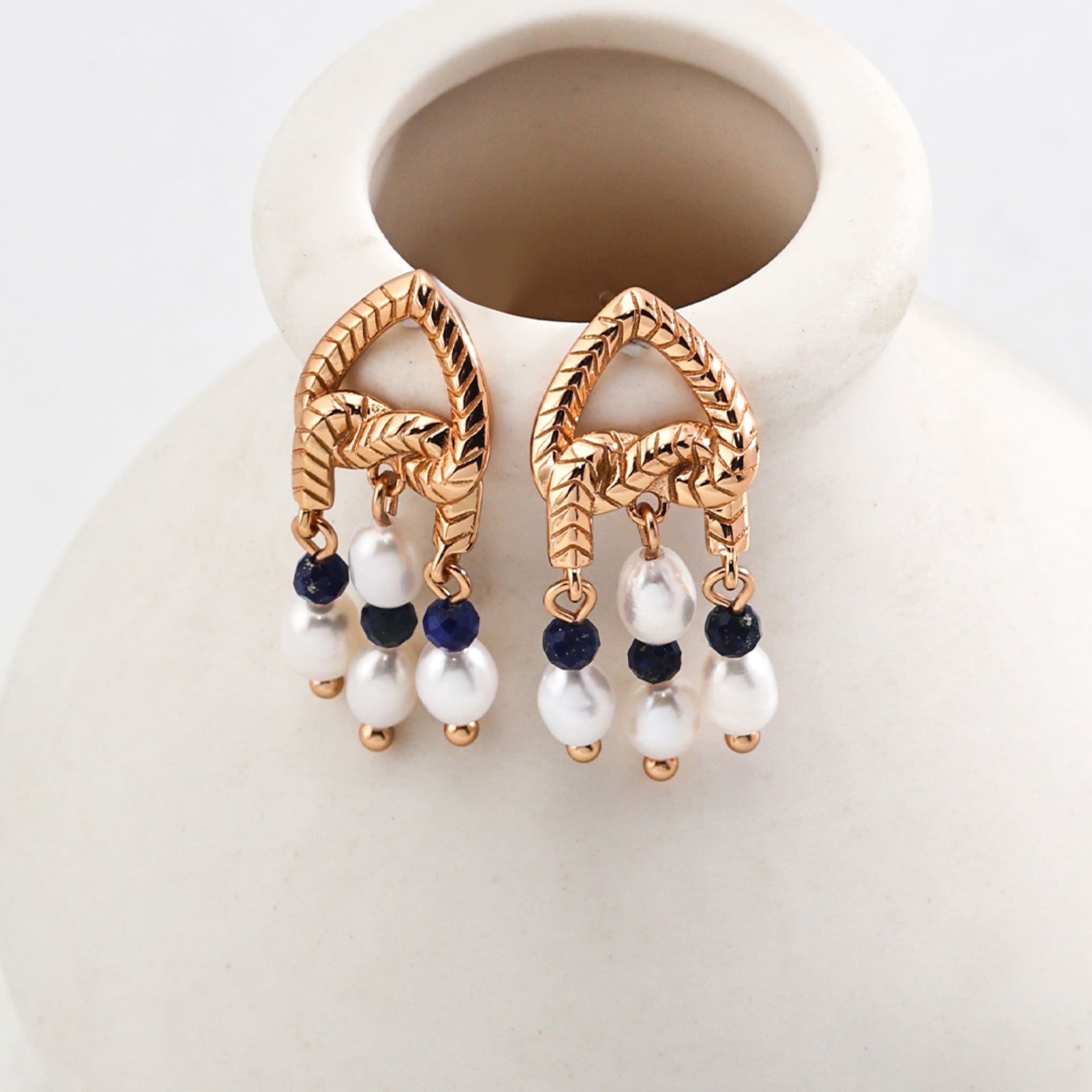 Lapis Lazuli Pearl Earrings Elegant Vintage Gold for Office Chic-1