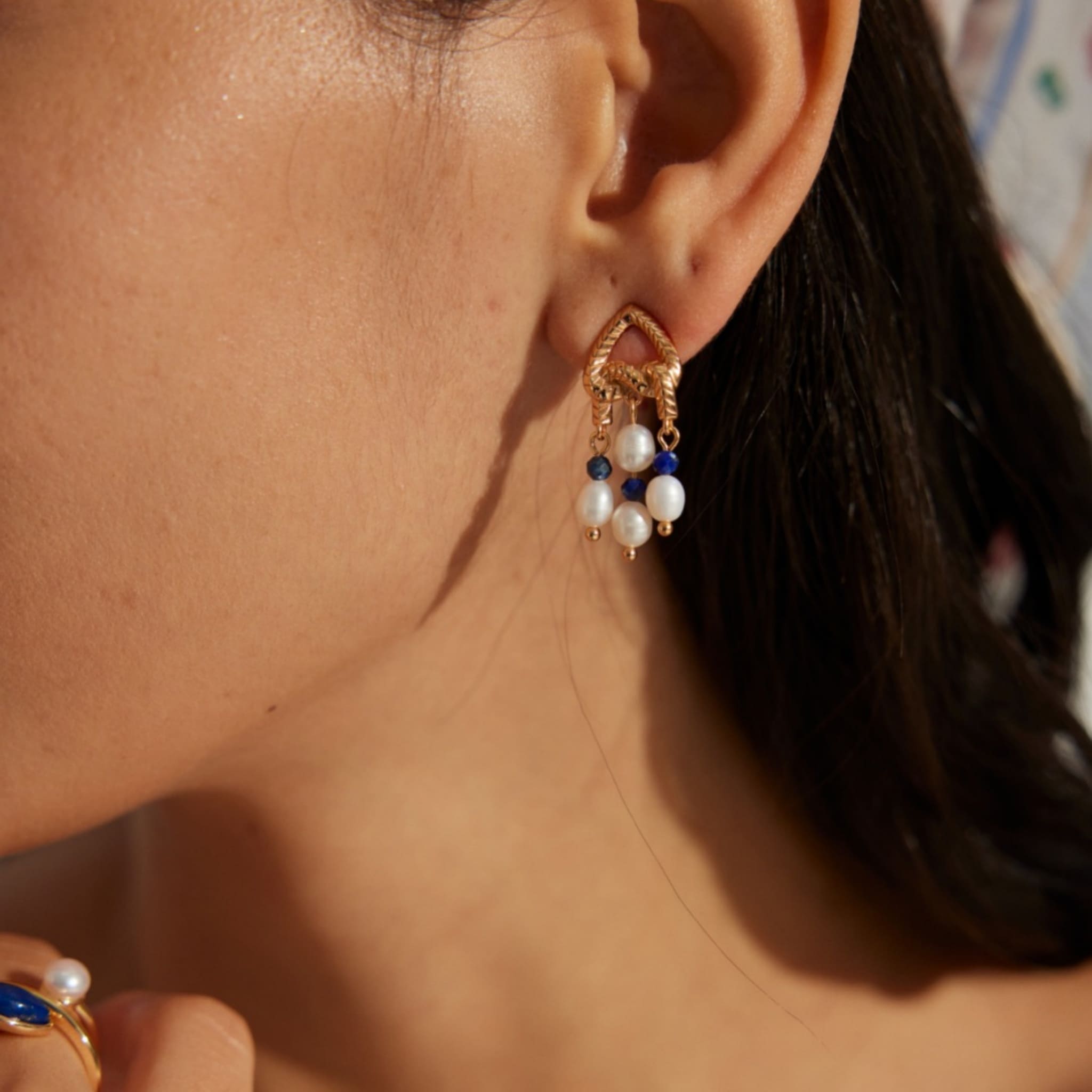 Lapis Lazuli Pearl Earrings Elegant Vintage Gold for Office Chic-4