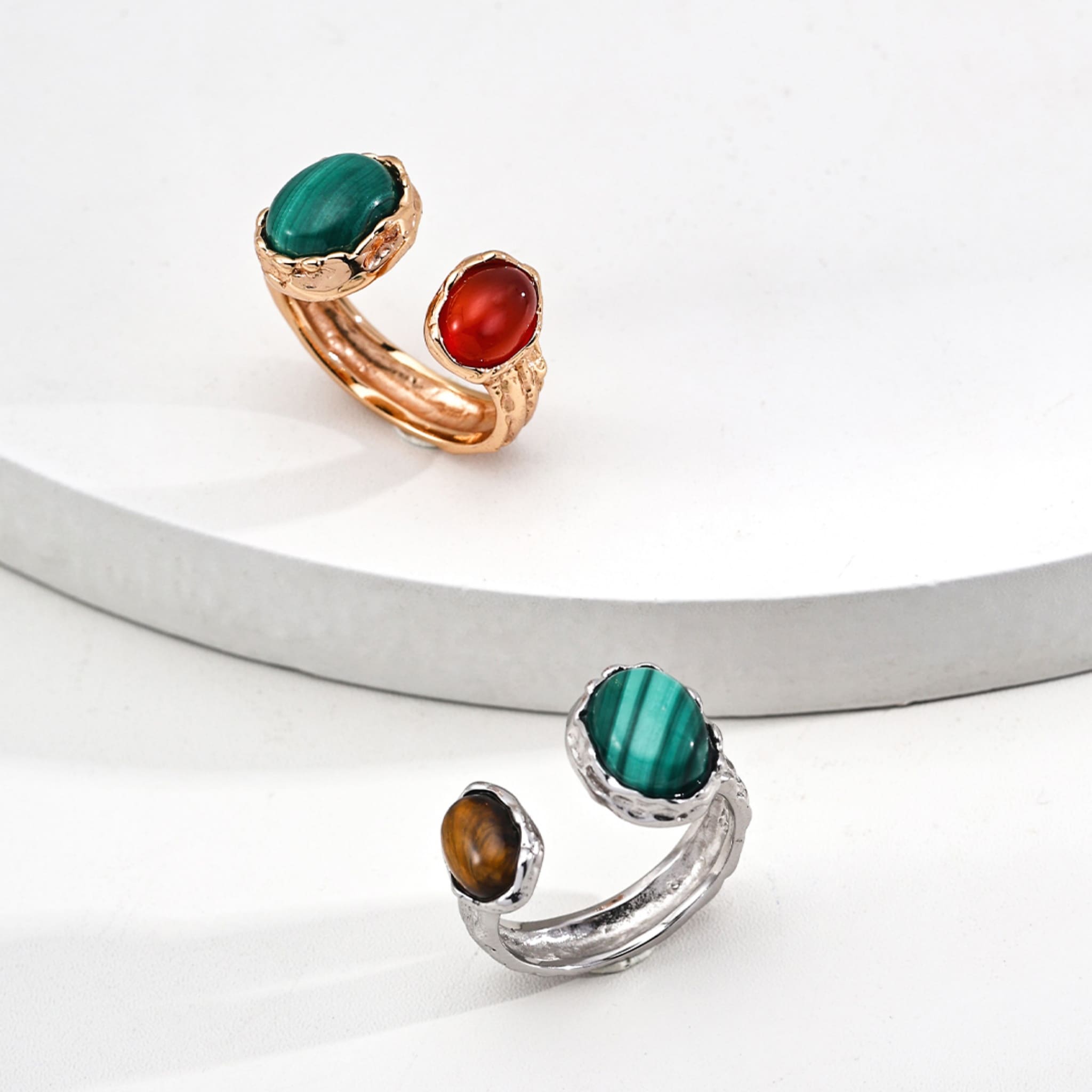 Modern Chic Malachite Tiger Eye Red Agate Silver Gold Plated Ring for Everyday Elegance and Empowerment-1