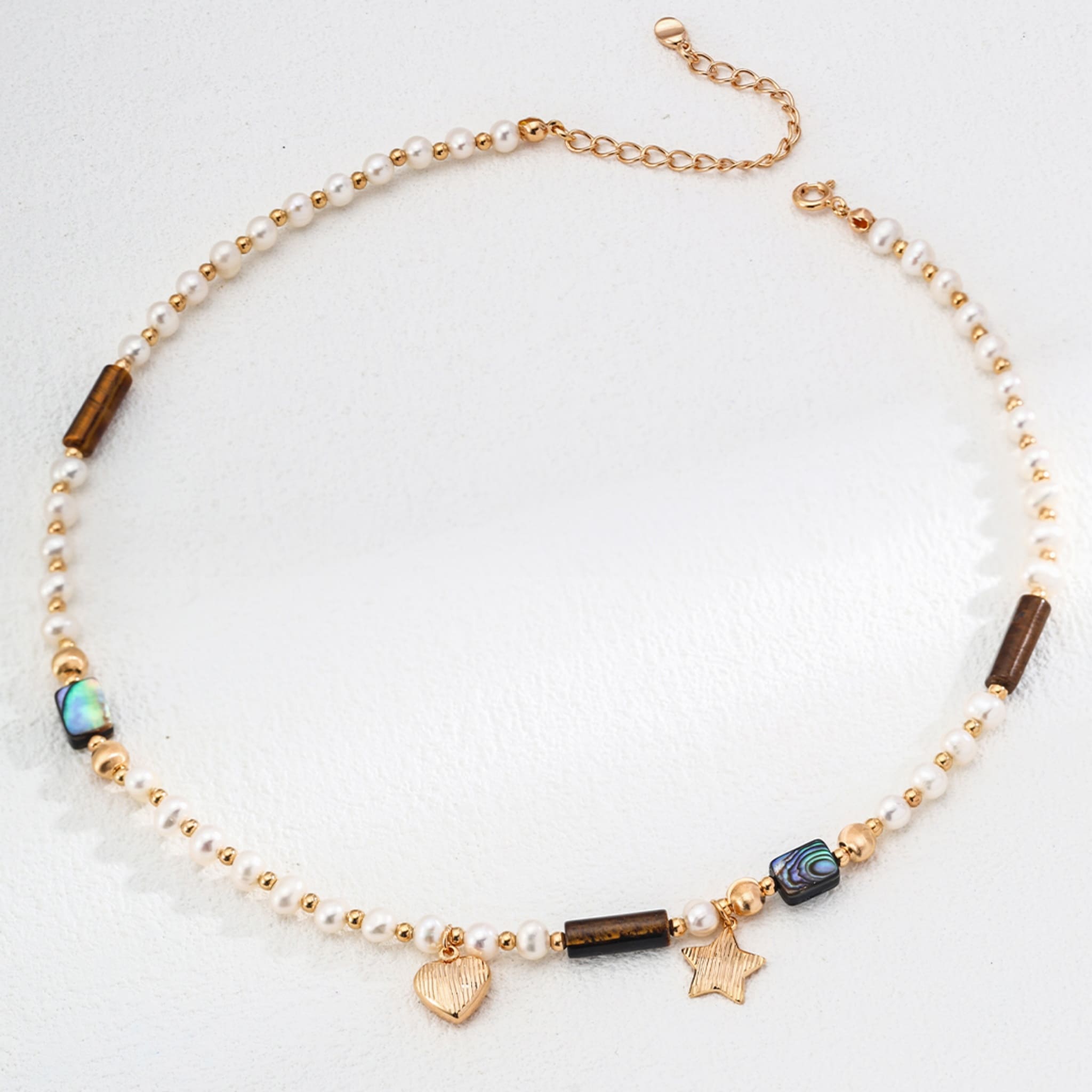 Pearl Tigers Eye Abalone Necklace for Summer Beach Vacation Jewelry Look-1