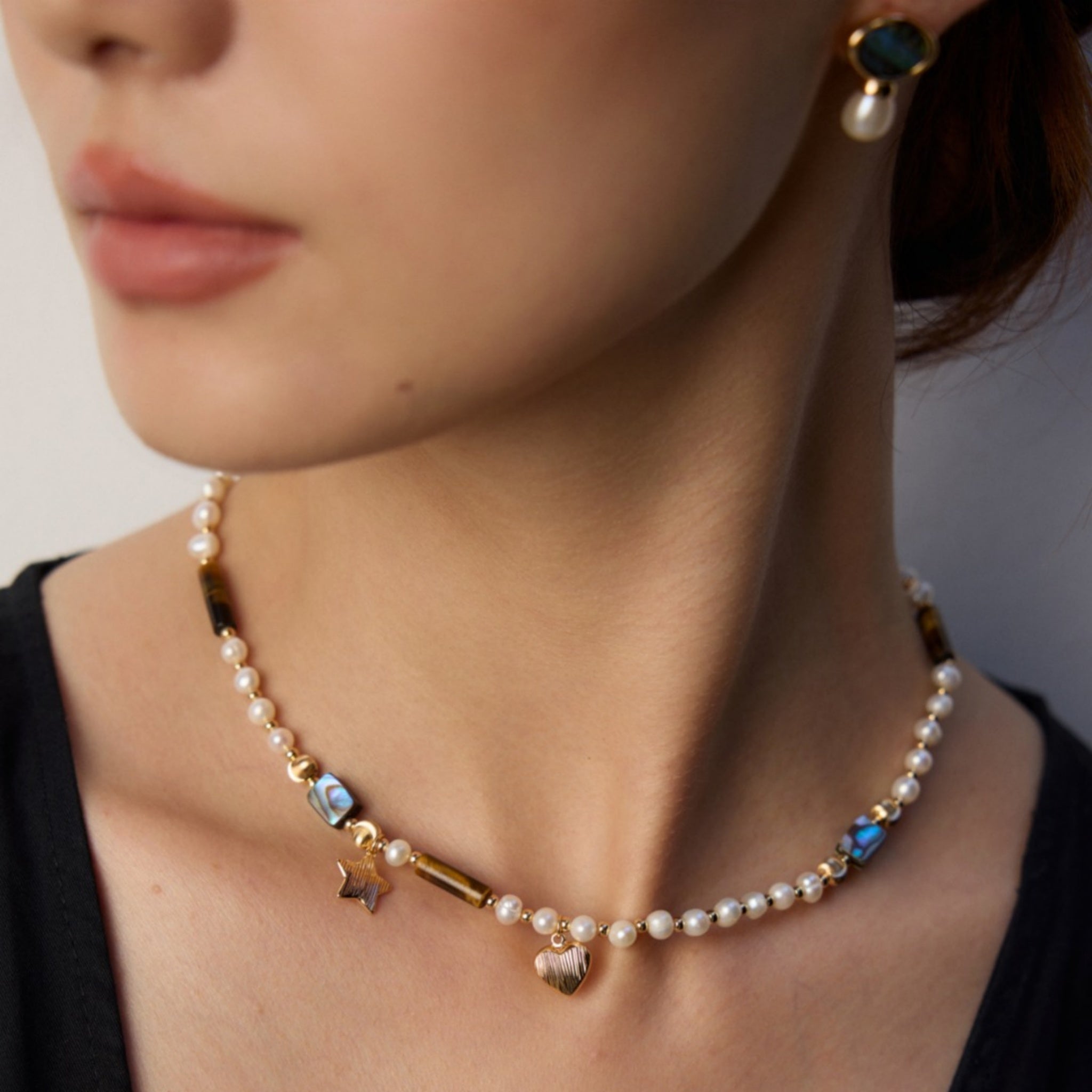Pearl Tigers Eye Abalone Necklace for Summer Beach Vacation Jewelry Look-2