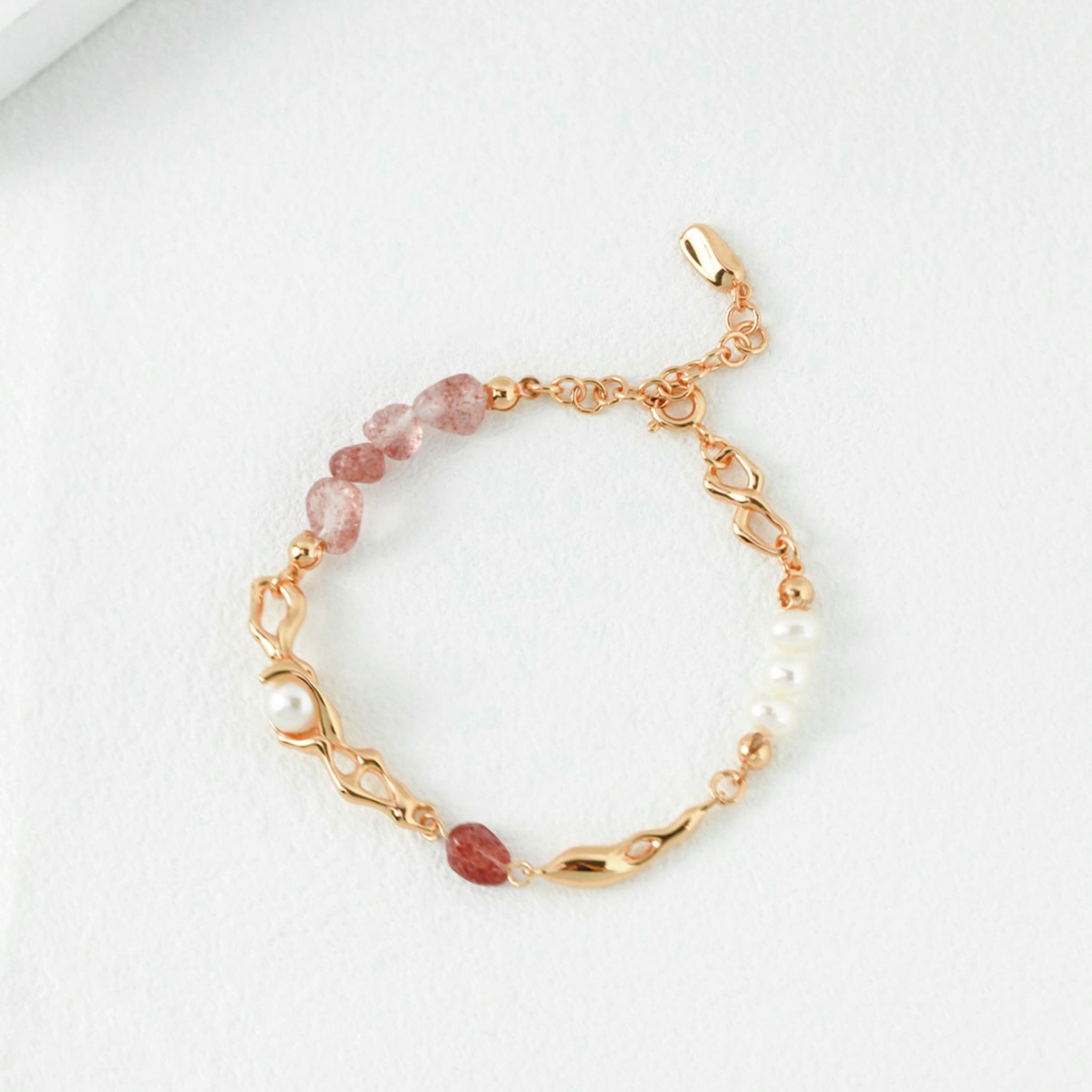 Sterling Silver Natural Pearl Strawberry Quartz Bracelet