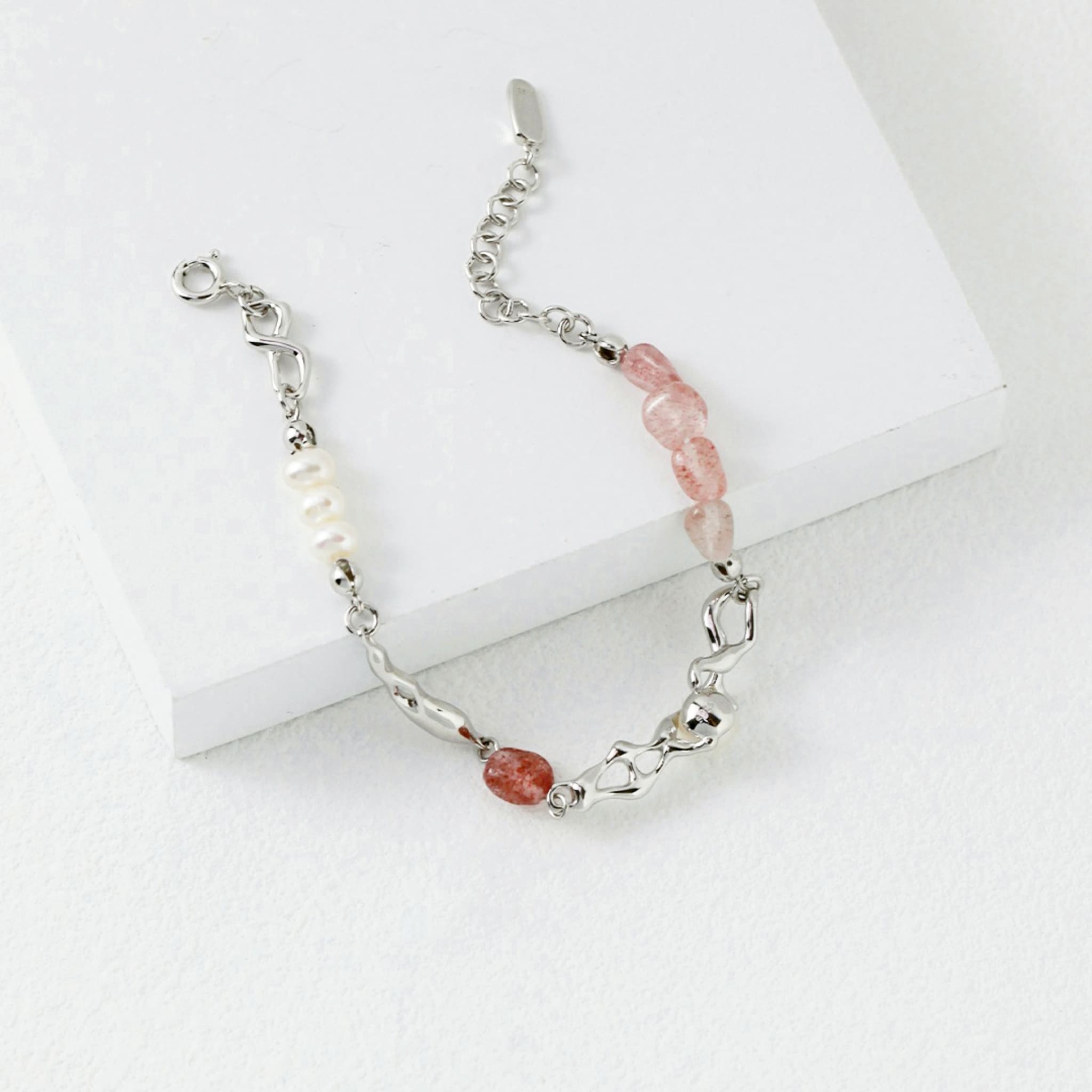 Sterling Silver Natural Pearl Strawberry Quartz Bracelet