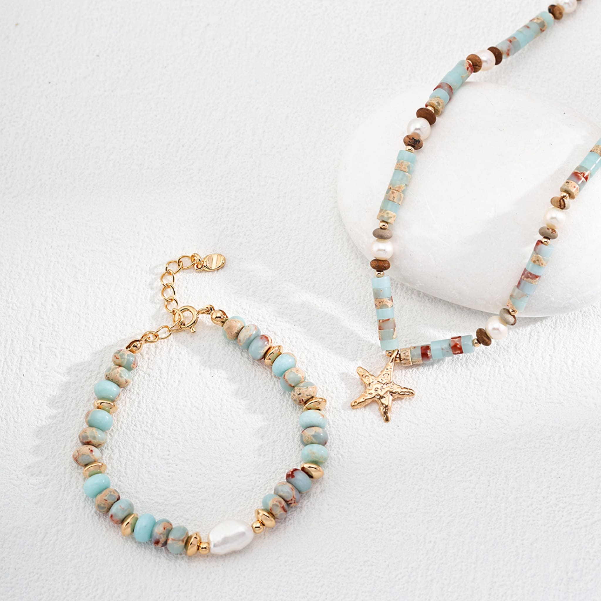 Blue Fuzhou Stone & Pearl Bracelet and Necklace Set