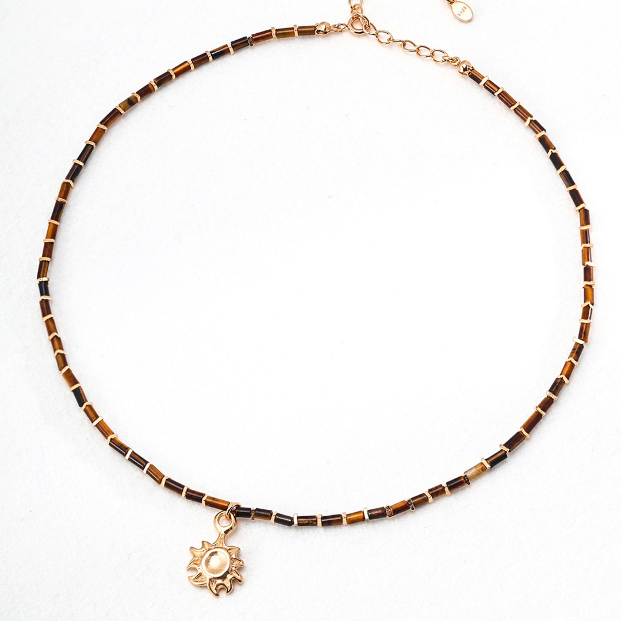 Tiger’s Eye Beaded Necklace with Gold Sun Pendant Empowering Everyday Jewelry-1