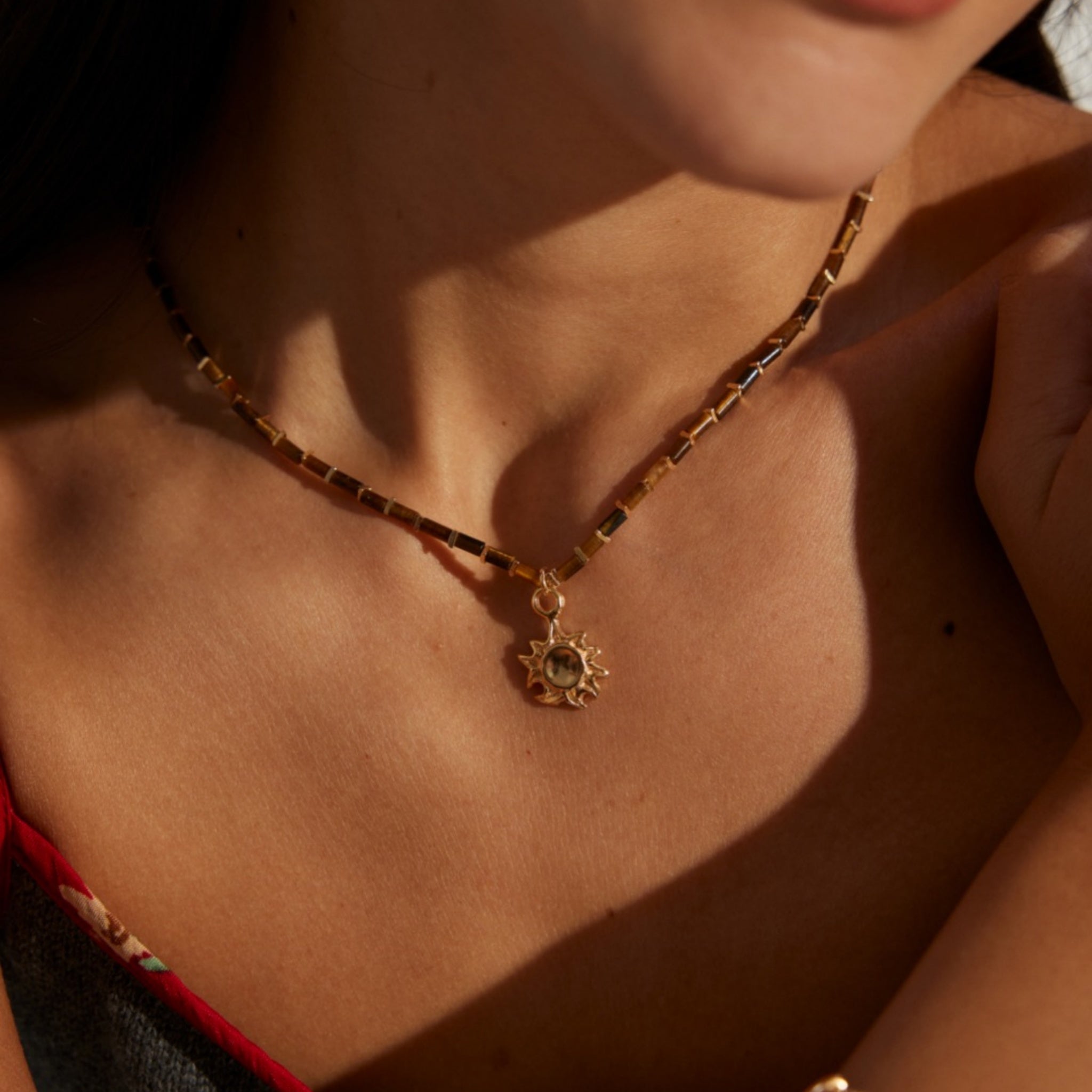 Tiger’s Eye Beaded Necklace with Gold Sun Pendant Empowering Everyday Jewelry-2