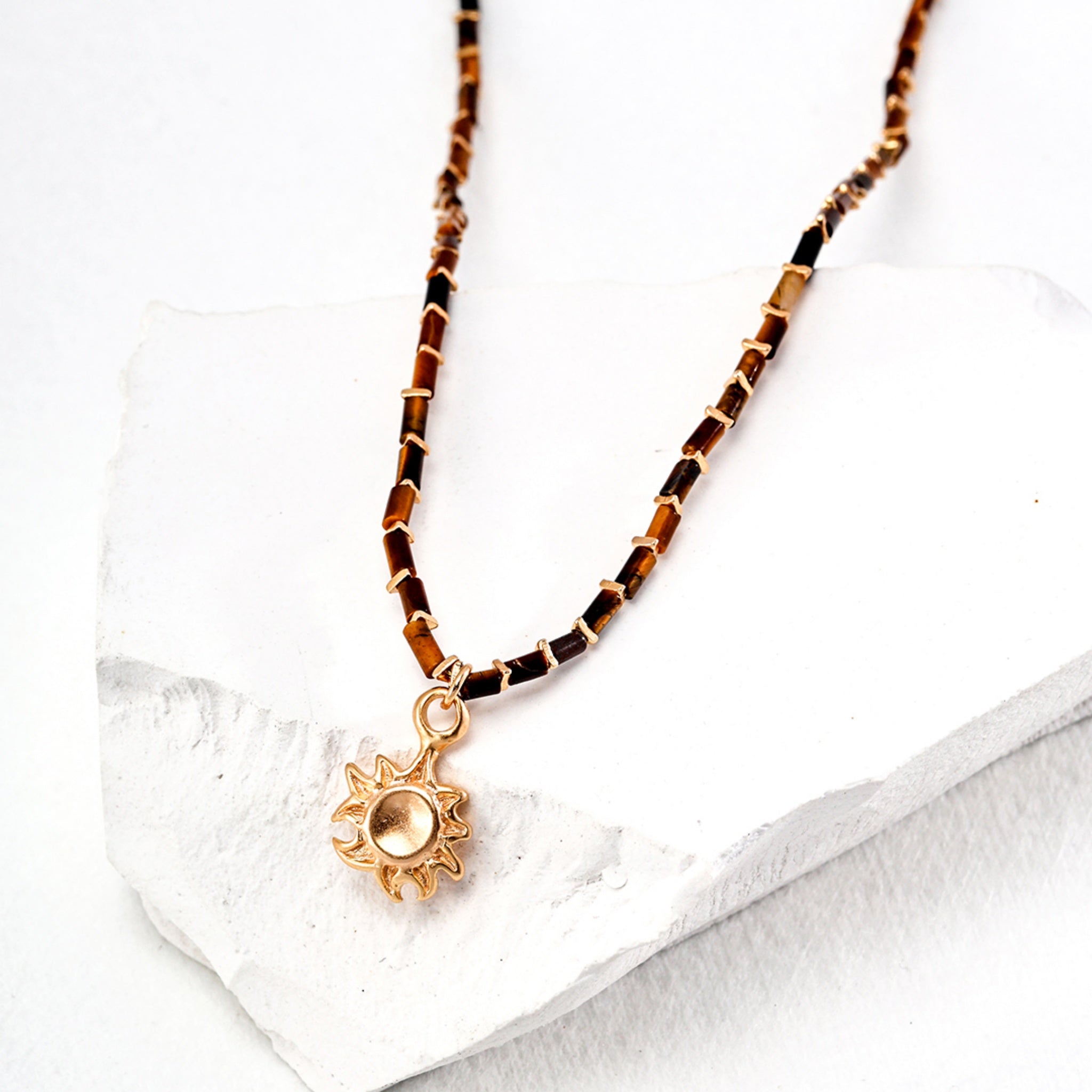 Tiger’s Eye Beaded Necklace with Gold Sun Pendant Empowering Everyday Jewelry-3