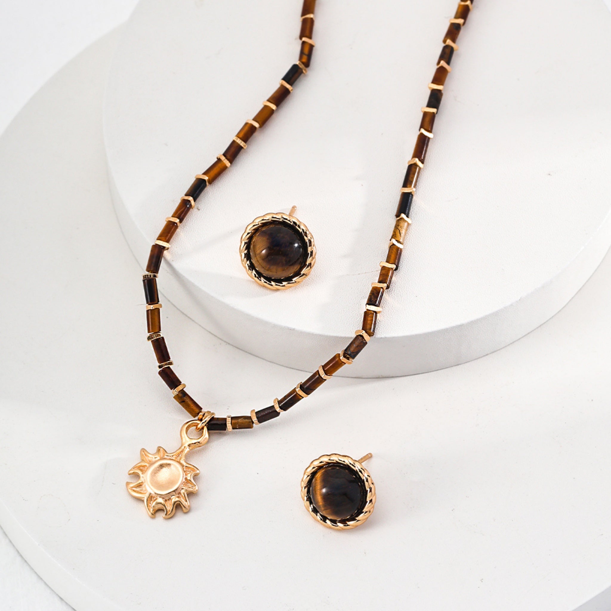 Tiger’s Eye Beaded Necklace with Gold Sun Pendant Empowering Everyday Jewelry-4