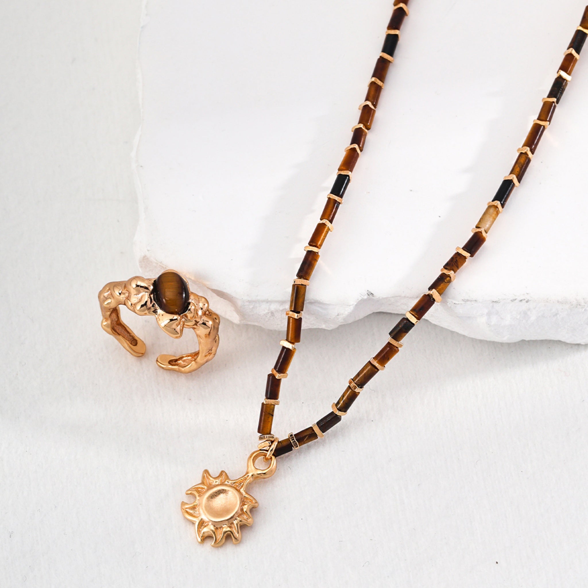 Tiger’s Eye Beaded Necklace with Gold Sun Pendant Empowering Everyday Jewelry-5