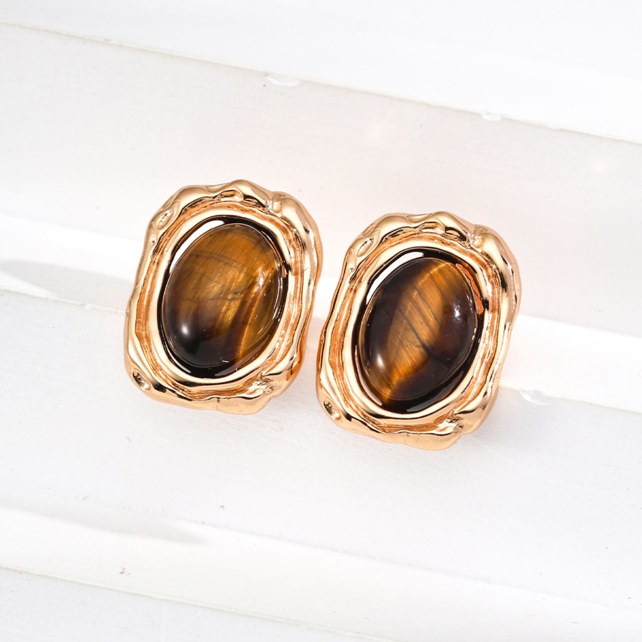 Tiger’s Eye Stud Earrings Vintage Gold Plated Sterling Silver Minimalist Jewelry-1