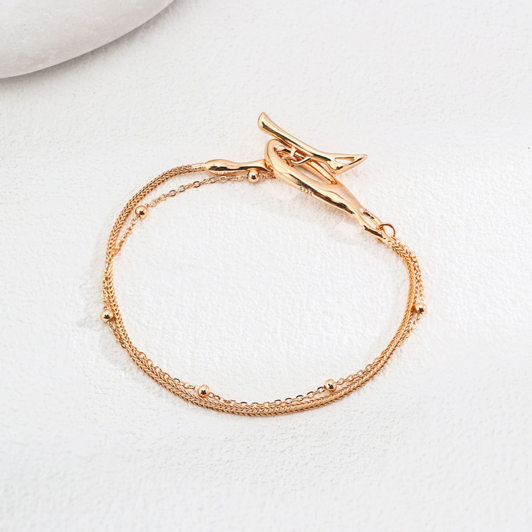 Trendy Double Chain Bracelet 925 Sterling Silver 18K Gold Plated Elegant Layered Style-1