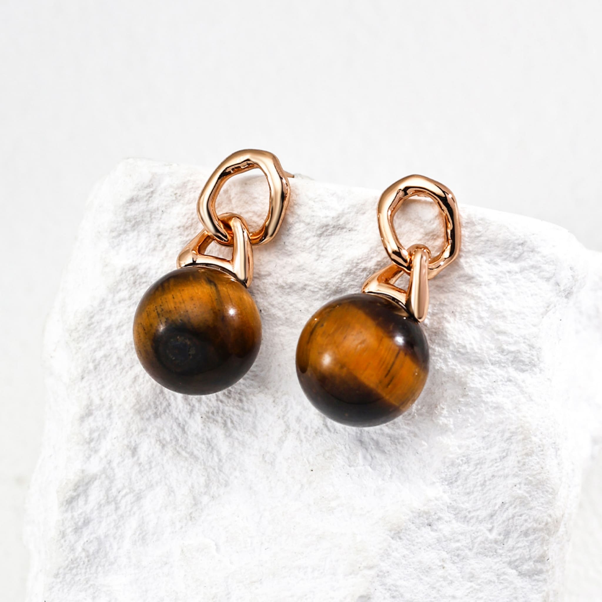 Trendy Women's Jewelry Golden Brown Tiger Eye Sterling Silver Earrings Everyday Office Style-1