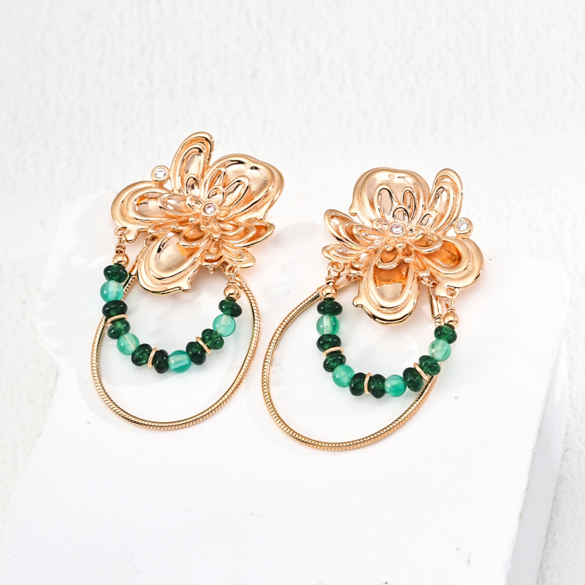 Vintage Green Agate Statement Earrings in 18K Gold Floral Design-1