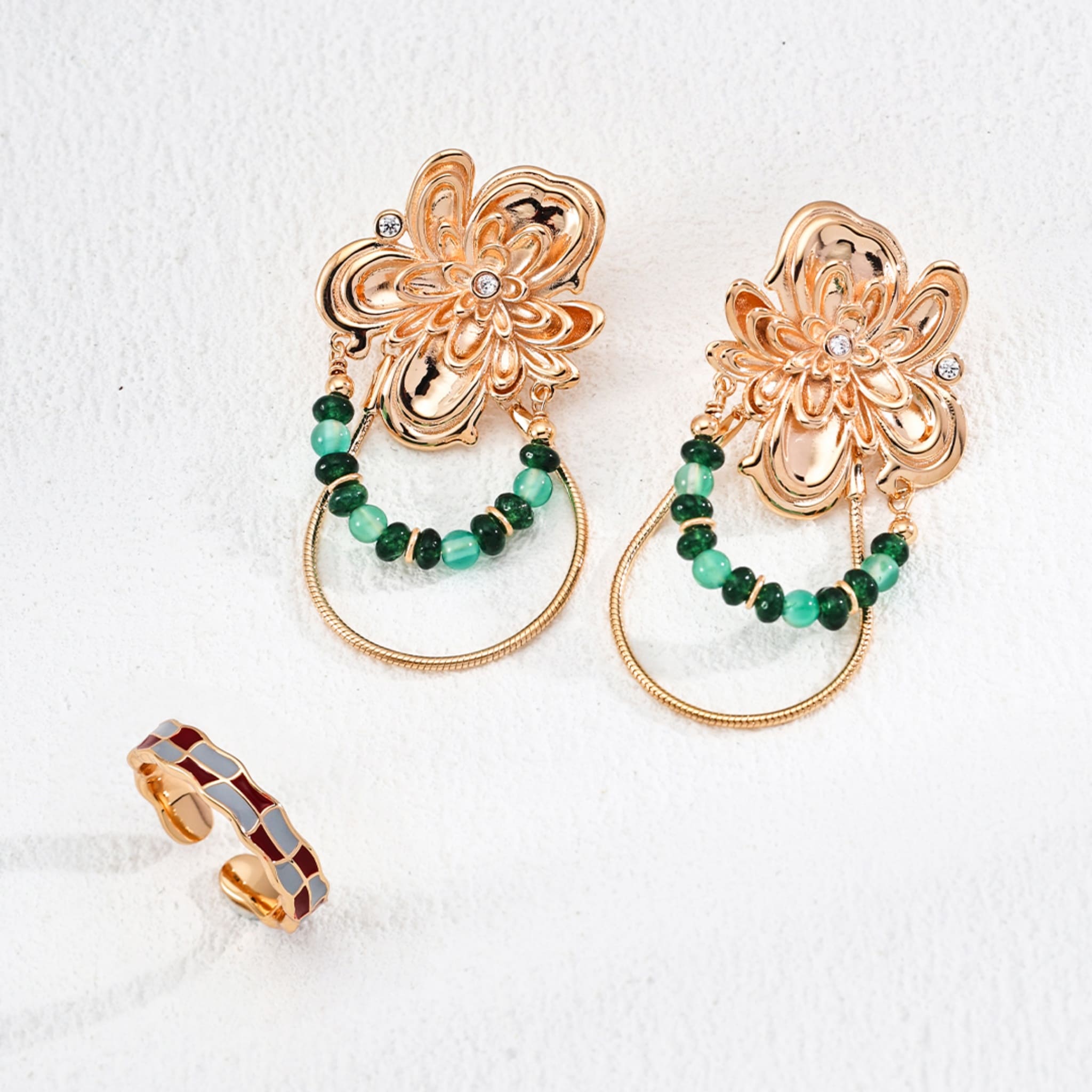 Vintage Green Agate Statement Earrings in 18K Gold Floral Design-3