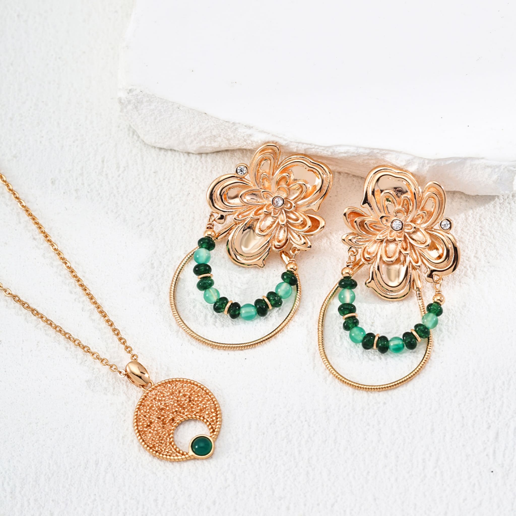 Vintage Green Agate Statement Earrings in 18K Gold Floral Design-5