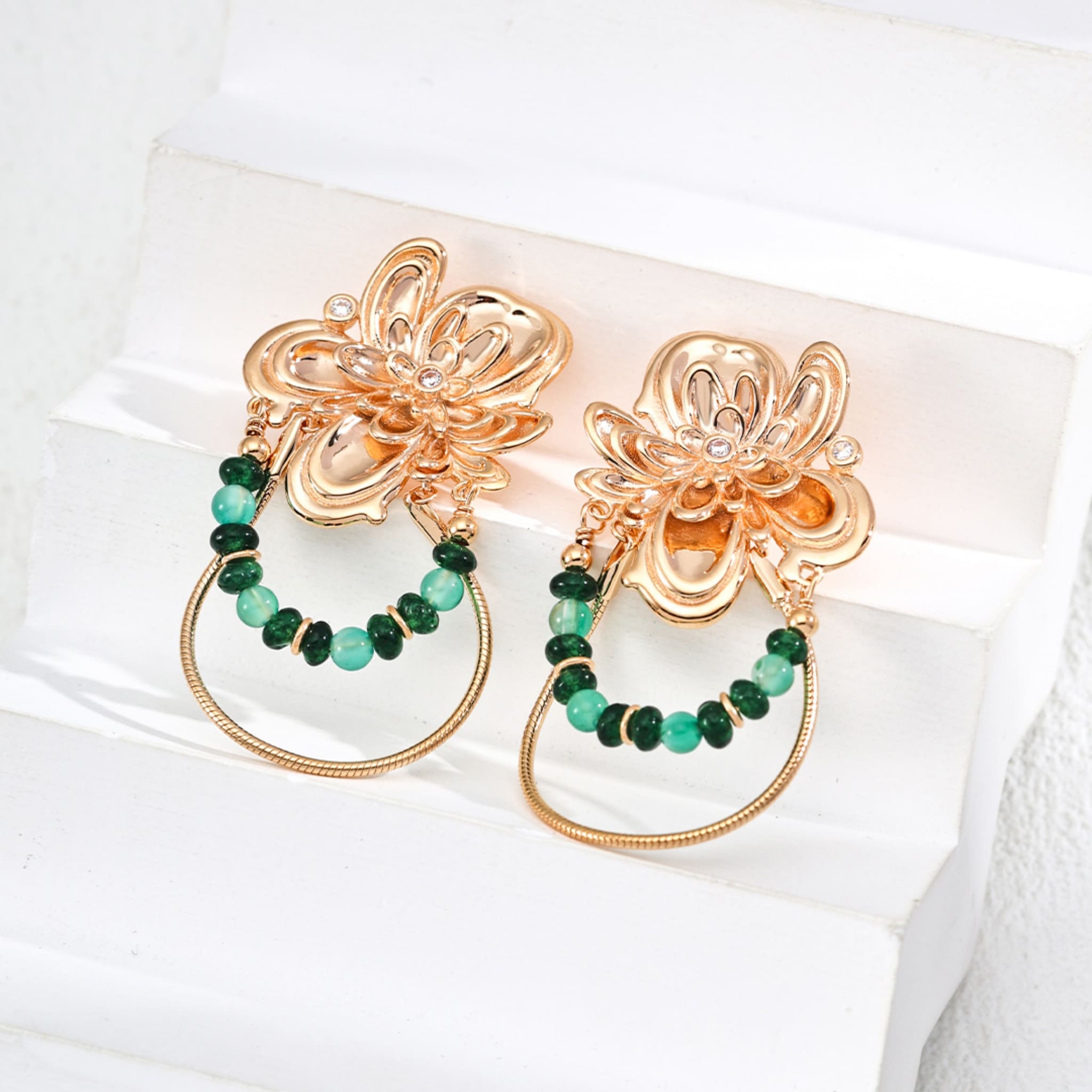 Vintage Green Agate Statement Earrings in 18K Gold Floral Design-6